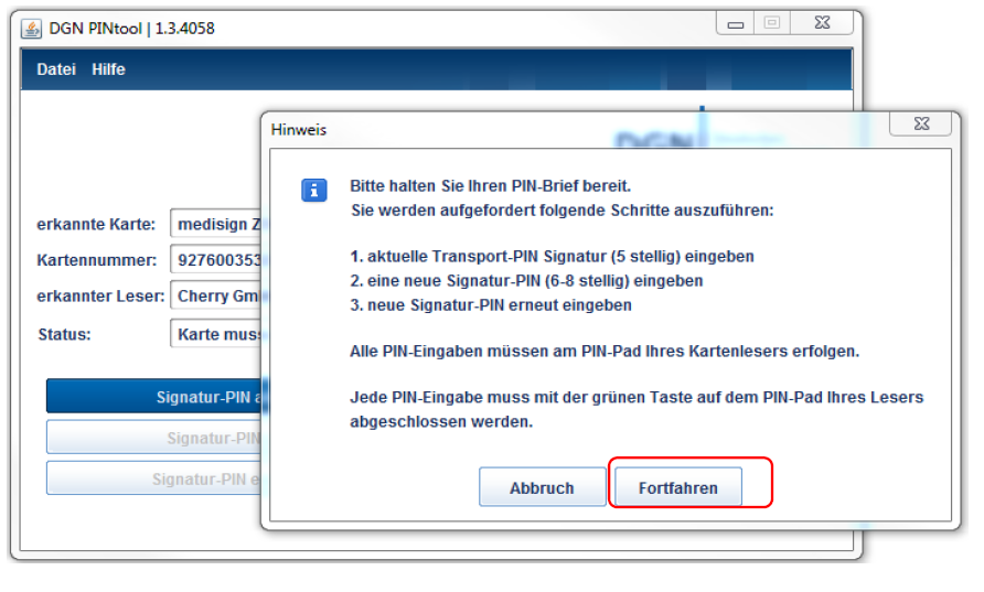Signatur-PIN aktivieren - Fenster