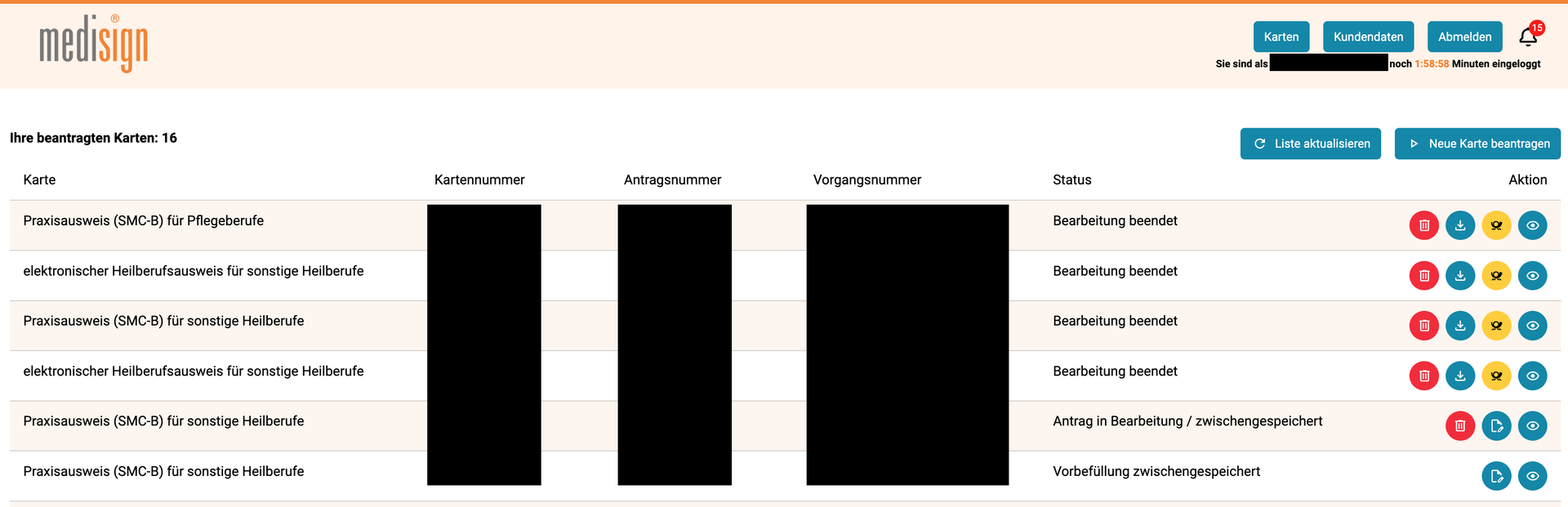 Kundenkonto: Kartenübersicht