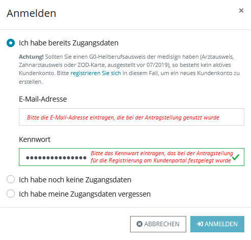 Anmelden im medisign Kundenkonto